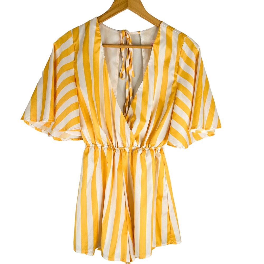 Showpo Yellow & White Striped Low Neck Flutter Sleeve Romper